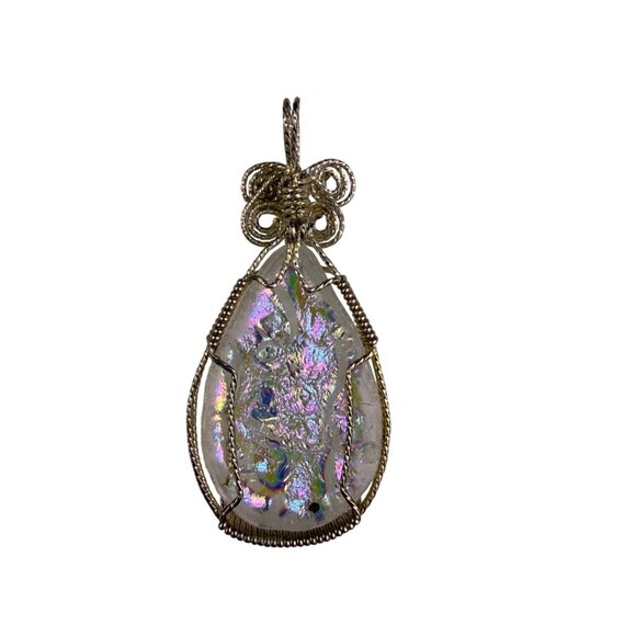 Wire Wrapped Iridescent Pendant Silver Tone Handmade Jewelry Metal & Glass - Picture 2 of 4